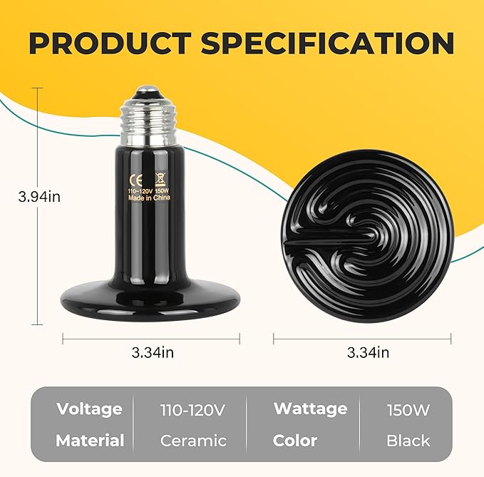 Ceramic Heat Emitter, 150W Reptile Heat Lamp, No Light Emitting Turtle Heater, Efficient Heating Solution for Aquariums, 2 Pack for Optimal Temperature Control
