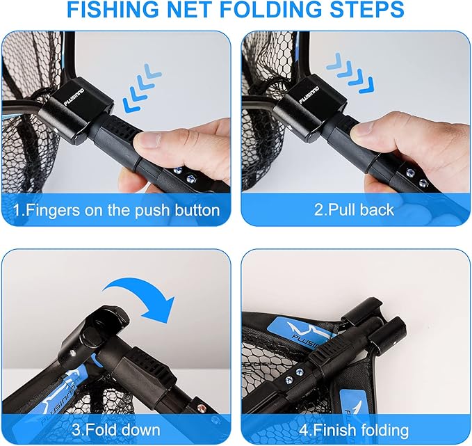 PLUSINNO Fishing Net Fish Floating Landing Net, Kayak Nets with Fixed Foldable Telescopic Pole Handle, Bass Trout Fishing Nets with Nylon Mesh for Pond Lake River, Fishing Gear Gifts for Men Anglers