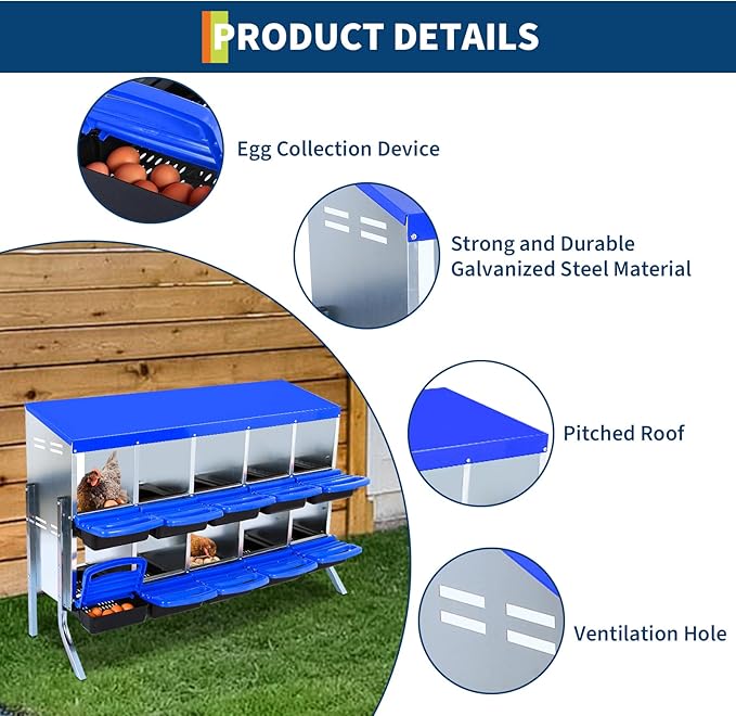 Chicken Nesting Box,10 Compartment Roll Away Nesting Box for Laying Eggs,Wall Mount Chicken Nesting Boxes,Easy Egg Collection,Cleanable Pull Out Hen Roosting Boxes 10 Hole