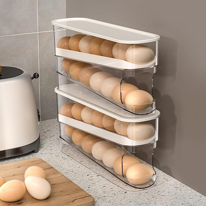 Auto Rolling Egg Holder for Fridge, Egg Dispenser/Organizer/Storage/Container with Lid for Refrigerator, Sturdy and Durable Space-Saving Egg Tray for 12 Large Eggs