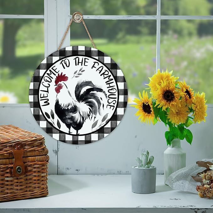 Welcome to The Farmhouse Rooster Front Door Sign, Watercolor Farm Chicken Buffalo Plaid Wood Hanger Outdoor Porch Home Decor, Rustic Country Wooden Wreath Indoor Wall Hanging Decoration