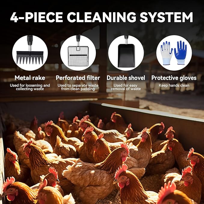 Chicken Poop Scooper- Chicken Coop Pooper Scooper for Sand 4-Piece,with Stainless Steel Handle Sifter Chicken Coop Litter Scoop Supplies,for Hens Ducks Rabbits (Up to 10 Chickens)