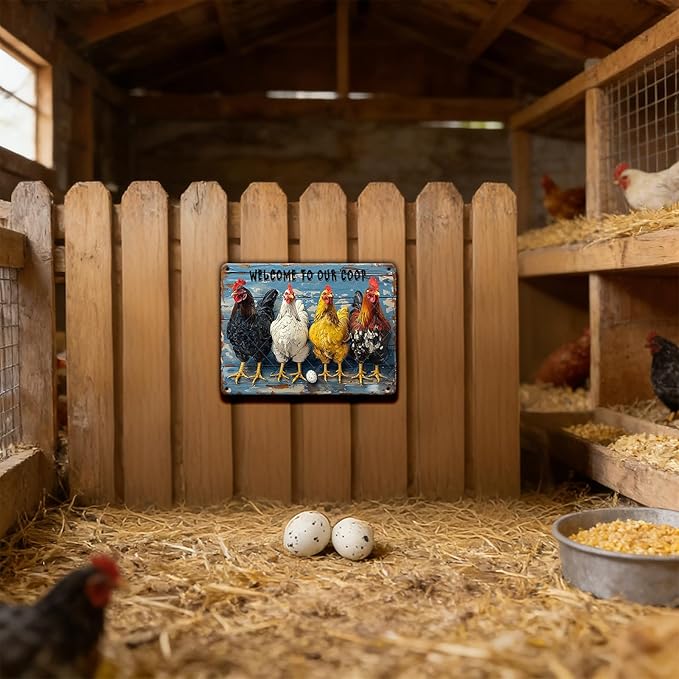 Chicken Coop Sign Welcome to Our Coop Vintage Metal Tin Sign for Chicken Accessories Indoor Outdoor Decor 12x8 Inch
