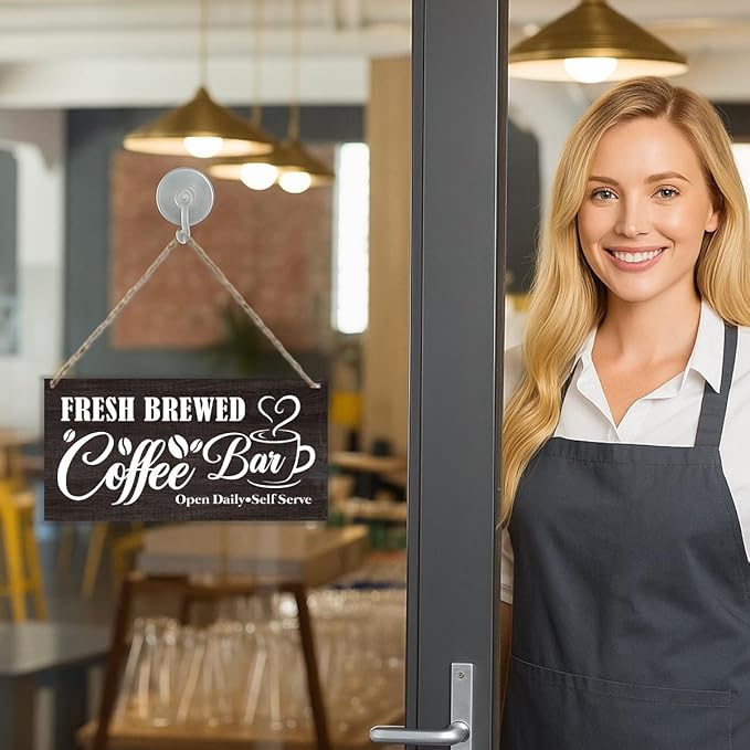 Coffee Wooden Hanging Decor Sign, Fresh Brewed Coffee Bar Open Daily Self Serve, Vintage Kitchen Decor, Rustic Farmhouse Cafe Pub Home Bar Decoration 12 x 6 Inches