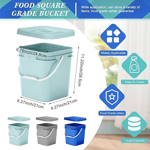 Mumufy 3 Pcs 3.5 Gallon Square Food Grade Bucket with Lid Square Bucket Pail Plastic Handles for Long Term Food Storage, Camping, Fishing, Home Organization Easy Stack and Store (Aqua,Gray,Blue)