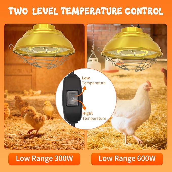 Chicken Coop Heater with Carbon Fiber Bulb, 600W Heat Lamp for Chickens Brooder, Chicken Heater Lamp with Adjustable 2-Mode Temperature & Hanging Height for Chick,Puppy,Cat,Goat,Piglet (600, Watts)