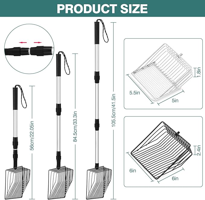 Chicken Poop Scooper - Chicken Coop Pooper Scooper Long Handle Stretchable with 2 Metal Coop Litter Scoop Stainless Steels Chicken Coop Cleaning Accessories Poultry Poop Scooper Tools