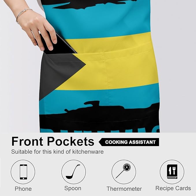 Bahamas Map Flag Apron,Waterproof Unisex Adult Aprons with Pockets Kitchen Baking Aprons