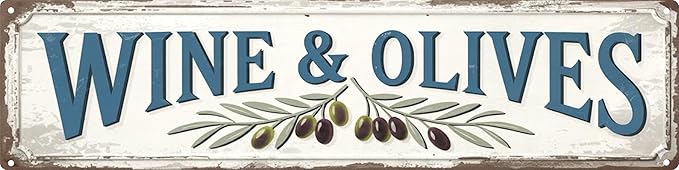 Wine and Olives Metal Sign 4x16in Rustic Plaque for Kitchen Dining Room Wall Decor