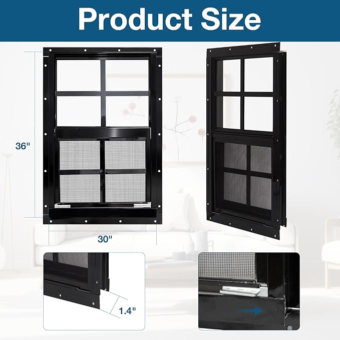 Yuzzy Shed Windows 2 Pack, Chicken Coop Windows 30" x 36" with Tempered Glass and Fiberglass Screen, Flush Mounted Small Window for Shed, Barns, Playhouse, Household, Garage (Black)