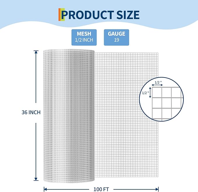 Hardware Cloth 1/2 inch - 36in x 100ft 19GA Heavy Duty Galvanized Chicken Wire Mesh Roll, Hot-Dipped After Welding for Chicken Coop, Rabbit Cages & Garden Fencing – Poultry Netting & Fencing