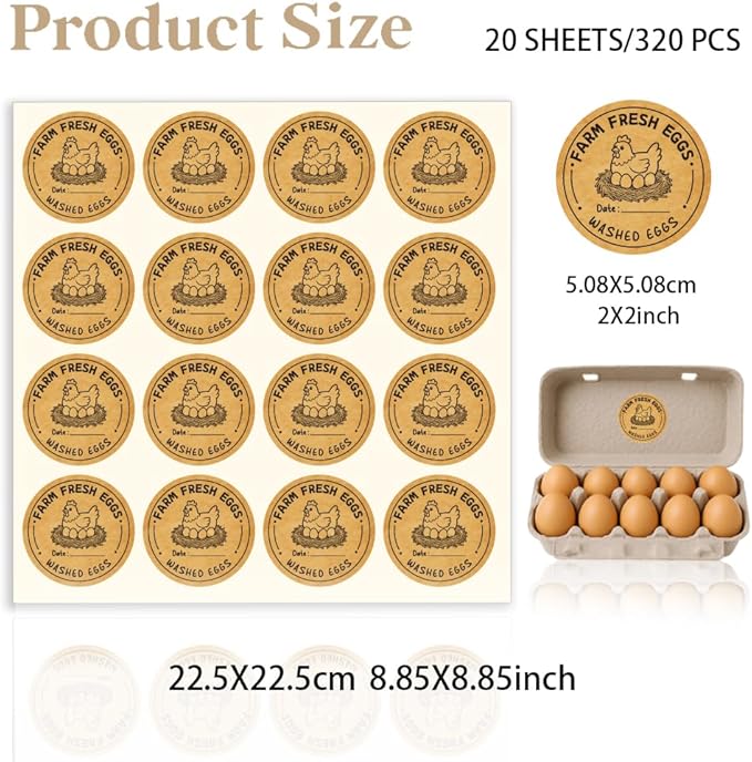 320 Pcs Chicken Farm Fresh Eggs Stickers, 2 Inch Round Cartoon Chicken Eggs Handling Stickers Washed Egg Carton Labels Adhesive Egg Packaging Sticker for Box Container Carton Farm Supplies
