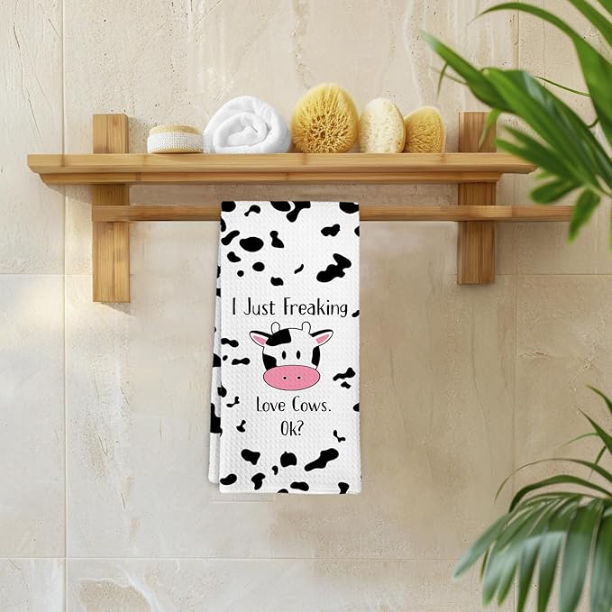 Funny Cute Cow Gifts Kitchen Towel and Dish Towel, I Just Freaking Love Cows Ok Hand Towels, Cute Cows Decorative Hand Dish Tea Towels for Nursery Bathroom Kitchen,Gifts for Cow Lovers 16x24