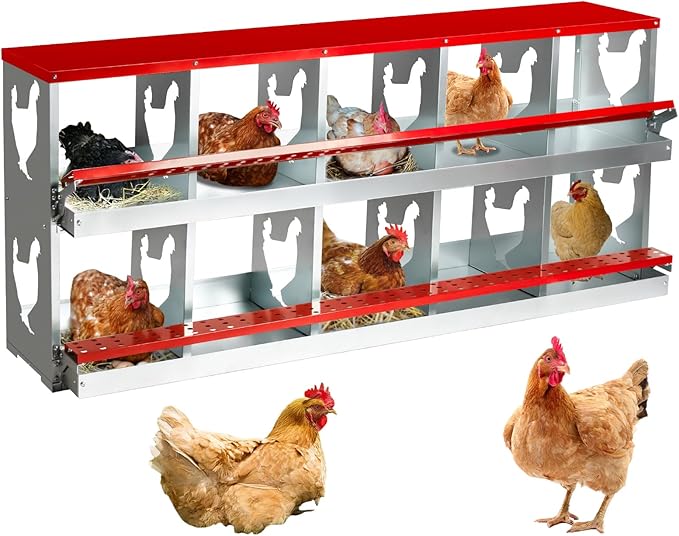 Chicken Nesting Box for Laying Eggs,10 Hole Roll Away Nesting Boxes,Chicken Laying Boxes with Large Vented Holes,Wall-Mountable Chicken Coop Nesting Boxes,Metal Laying Boxes for Hens,Ducks(Red)