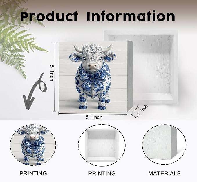Blue and White Chinoiserie Cow Wooden Signs, Grand Millenial Bow Blue Cow Floral Home Decor Signs, Chinoiserie Porcelain Desk Decorations, Farmhouse Animal Office Kitchen Bathroom Decor