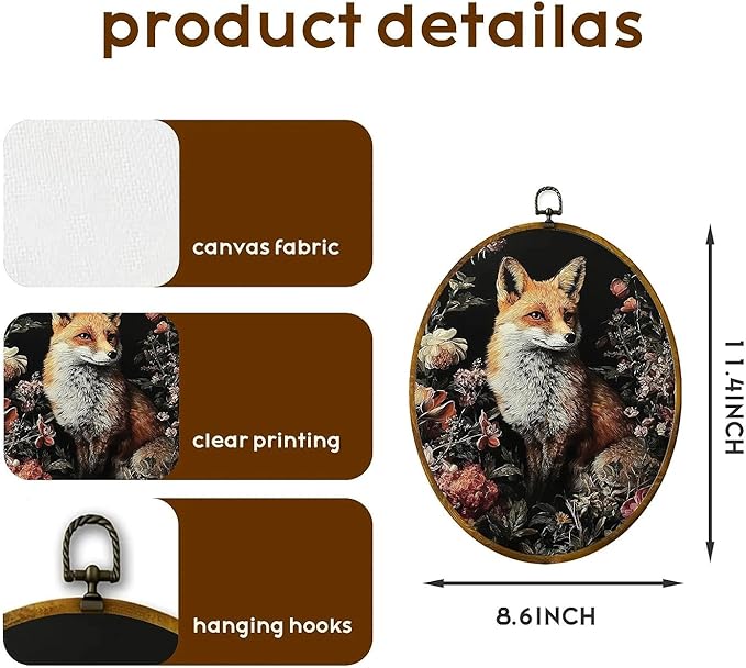 Fox wall decor, 8.6×11.4 inches high-density canvas with pre-installed hook for easy hanging, ideal for bedroom, living room, study, stylish boho framed art, and a gift for art lovers.