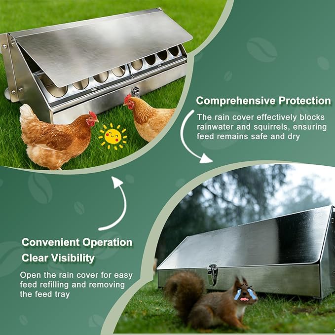 Hanging Chicken Feeder Metal Poultry Feed Trough Chicken Coop Fence Feeder with Rain Cover for Pigeon Turkey Geese Quails Ducks Bantams and Bird