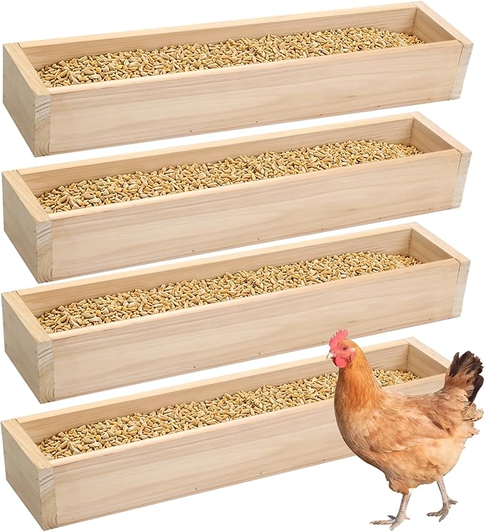 Chicken Feeder, 4 Pack 20” Wooden Large Capacity Eco-Friendly Feed Trough for 24 Chickens Simultaneous Feeding, Healthy Poultry Feeder for Chicken Duck Bird Livestock (Natural Wood)
