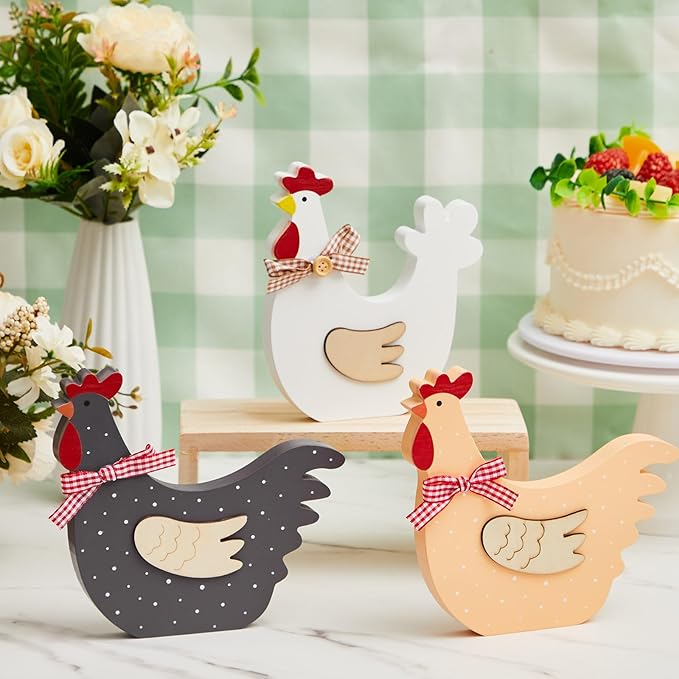 3 Pcs Chicken Wood Table Sign, Chick Is One Decorations Centerpieces Rooster Wooden Decor for Animal Theme 1st Birthday Party Farm Tiered Tray Decor Baby Shower Home Office