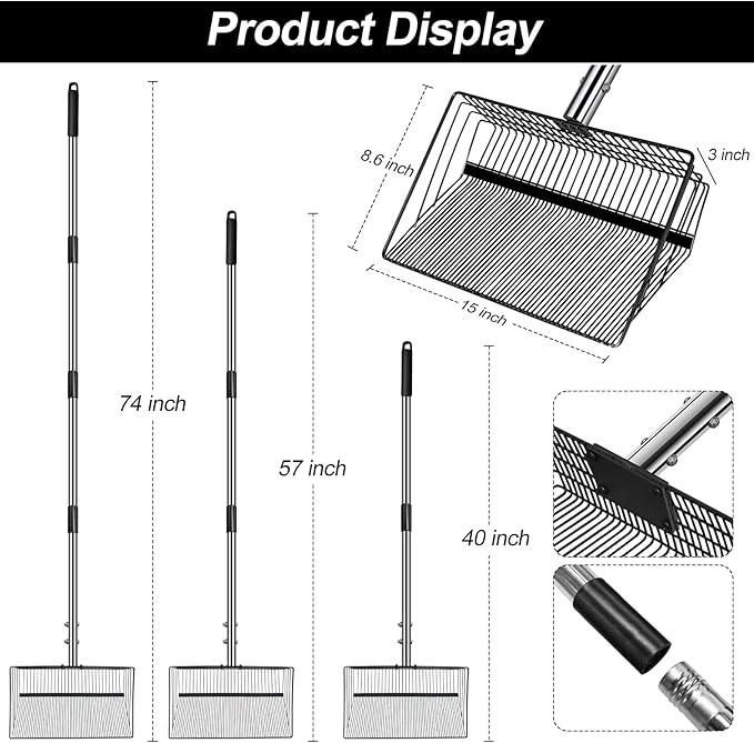 15 inch Large Chicken Poop Scooper and Rake for Sand for Shavings 74" Heavy Duty Pooper Scooper Long Handle Chicken Coop Scoop for Cleaning Tools 5-in-1 Sifting Shovel for Chicken Scoop supplies