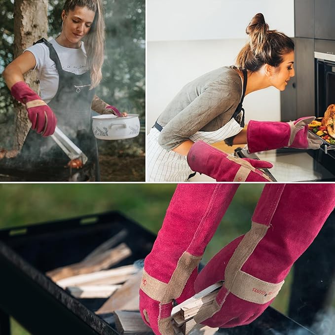Leather Gardening Gloves for Women, Long Thorn Proof Garden Gloves for Yard Work, Heat Resistant Gloves for Welding, BBQ, Cooking, Fireplace, Chainsaw, Firm Grip, Utility, Durable, Rose Red, S