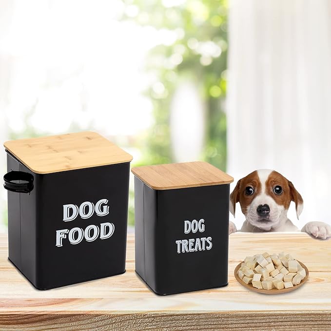 Dog Food Storage Container Farmhouse Pet Food Treats Bin with Lid and Scoop, Perfect Sturdy Canister Tins for Kitchen Countertop, Shelf, Great Gift for Pet Owners - Dog Food - Black