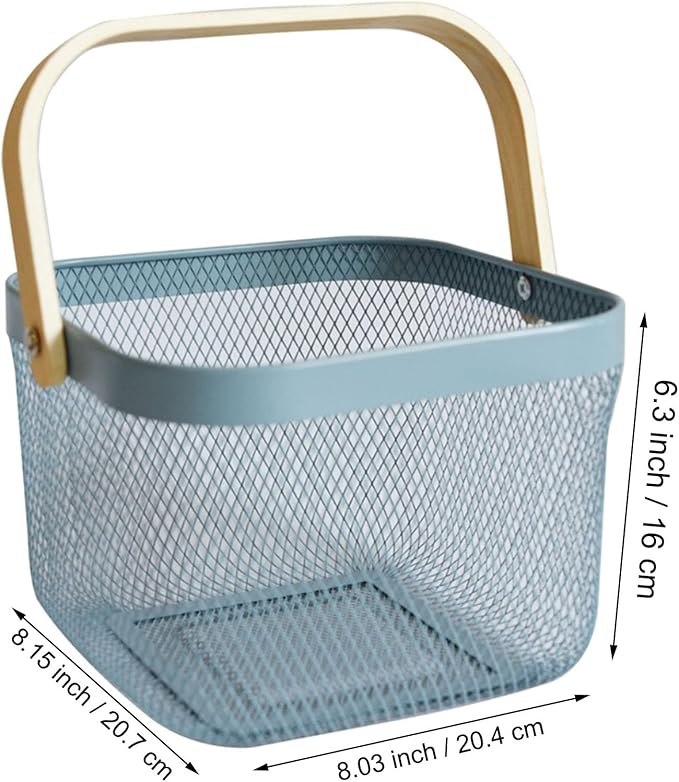 Metal Mesh Wire Basket, Small Steel Basket with Wooden Handle Storage Organizer Basket Multi-functional Hanging Kitchen Baskets Fruit Baskets for Kitchen Bathroom Cabinet Pantry Snacks, Blue