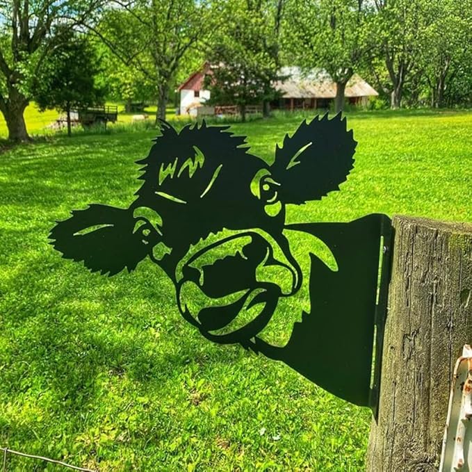 Farm Peeping Cow Metal Art Outdoor Decor Garden Fence Decoration, Farmhouse Backyard Hang Artwork Wall Decor, Outdoor Yard Patio Lawn Statue Gift for Loved Dad Grandpa (Cattle)