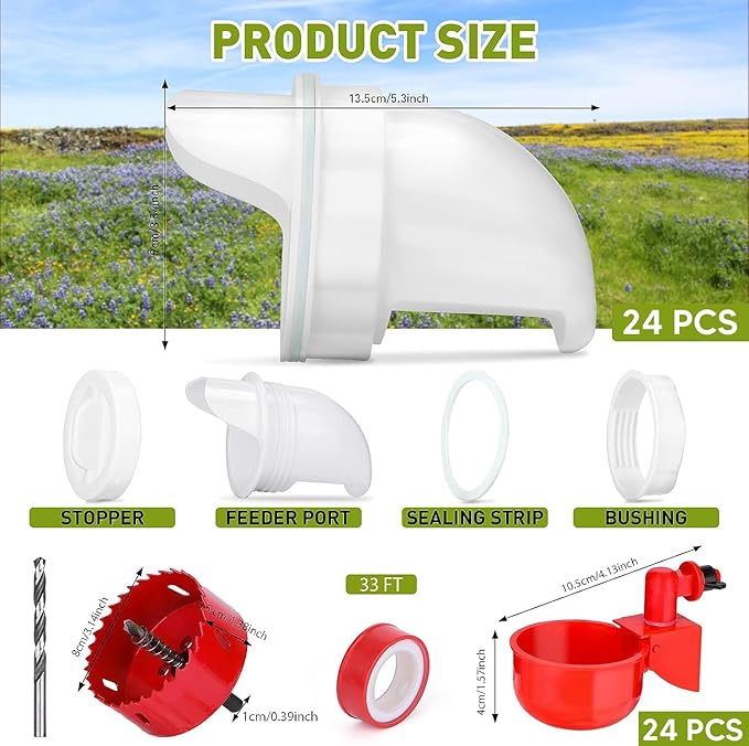 24 Pcs Chicken Feeder Kit and 24 Pcs Water Cup Kit, Gravity Poultry Waterer Cup and Poultry Feeder Port Set with Hole Saw and Sealing Tape, Chicken Feeder No Waste for Duck Bird Quail