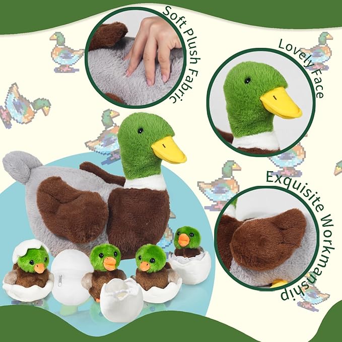 7 in 1 Mallard Duck Stuffed Animals Duck Plush Toys, 12" Zipper Mommy Stuffed Duck with 4 Baby Ducks Ducklings Eggs Green Duck Plushies Pillow for Kids Birthday Easter Stuffers Gifts Farm Party Decor