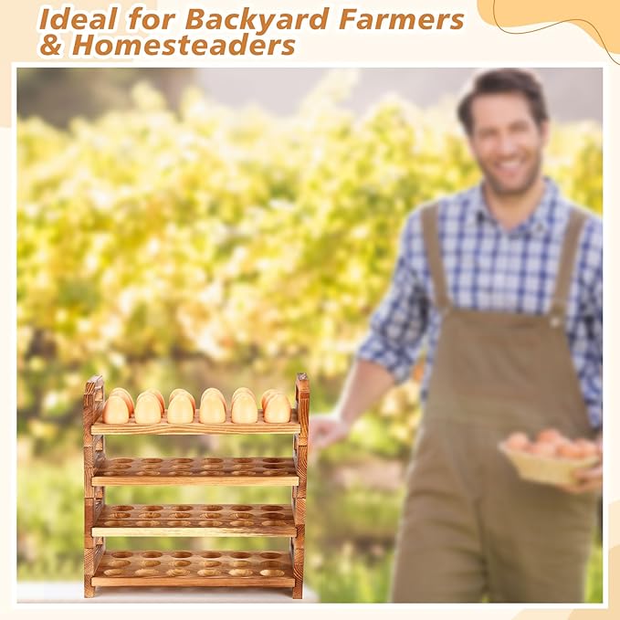4 Tier Wooden Egg Holder for Countertop, Pine Stackable Fresh Egg Storage Farmhouse Collecting Rack for Gathering Kitchen Organizer Duck Eggs Display, Stackable with 72 Eggs(Brown)