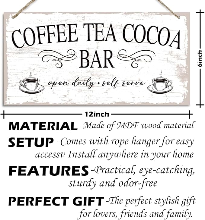 Coffee Tea Cocoa Bar decor Sign, Coffee Tea Cocoa Bar Open DAily Self Serve Hanging Sign, Vintage Kitchen Decor, Cafe Decoration with Rope Hanging 12 x 6 Inches