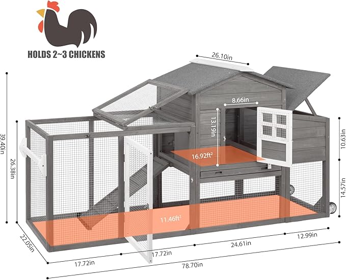 Chicken Coop Solid Wood with Large Run Cage 2 Stories - Asphalt Roof, Nest Box, Pu Wheels, Expandable Solid Wood Cage
