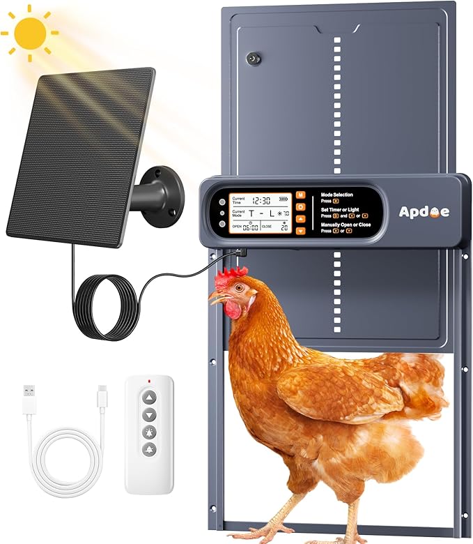 Automatic Chicken Coop Door Solar Powered with Timer, Light Sensor, Remote Control, Anti-Pinch, Waterproof, Aluminum Coop Door, 4 Auto Modes, Comfort Larger Size Duck Chicken Turkey House Door