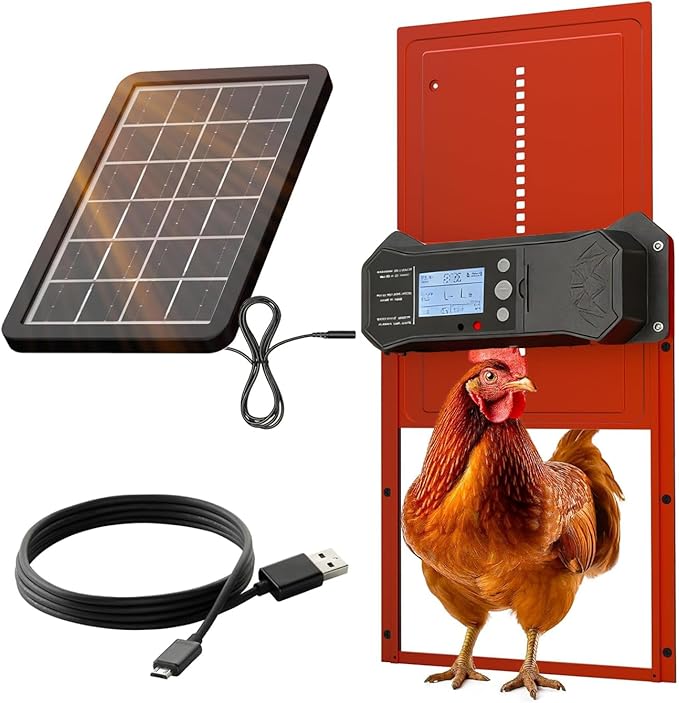 Automatic Chicken Coop Door Solar Powered, 4 Modes Automatic Chicken Door with Timer & Light Sensor, Waterproof Aluminum Alloy Chicken Door with LCD Screen Red