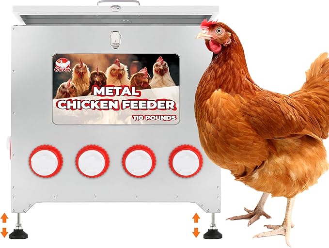 110 lbs Chicken Feeder No Waste-10 Port Large Chicken Feeder with Adjustable Height,Locking Lid,Rainproof-Metal Poultry Feeders for Chickens (Sliver, 23.76 * 22.78 in)