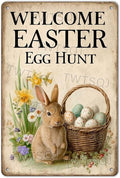 Easter Bunny Vintage Tin Sign Welcome To Our Egg Hunt Metal Sign Suitable For Gardens, Homes, Apartment Walls 8X12Inch