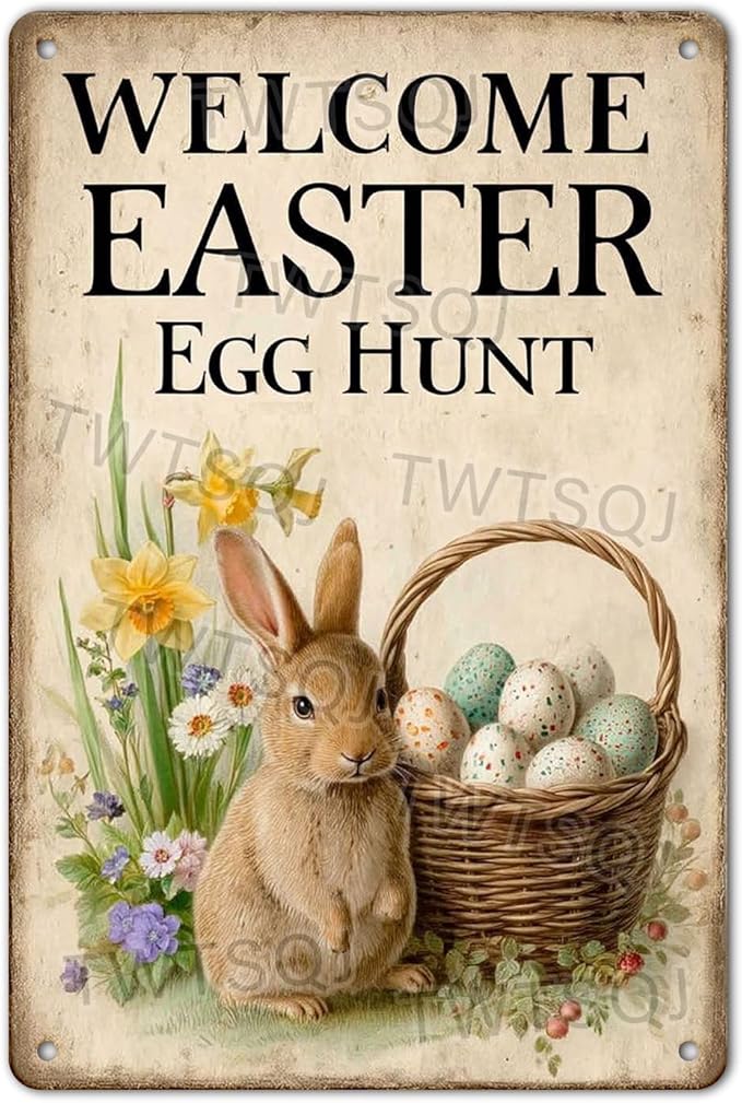 Easter Bunny Vintage Tin Sign Welcome To Our Egg Hunt Metal Sign Suitable For Gardens, Homes, Apartment Walls 8X12Inch