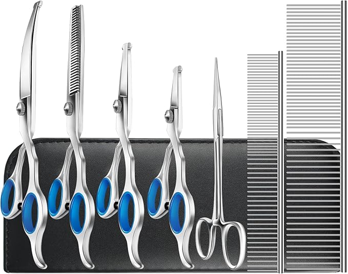 Niura Pet Grooming Scissors Set - Professional Stainless Steel Grooming Kit with Curved, Straight, Thinning, Round Tip Scissors, Combs, Ear Cleaning Hemostat Forceps & Storage Bag