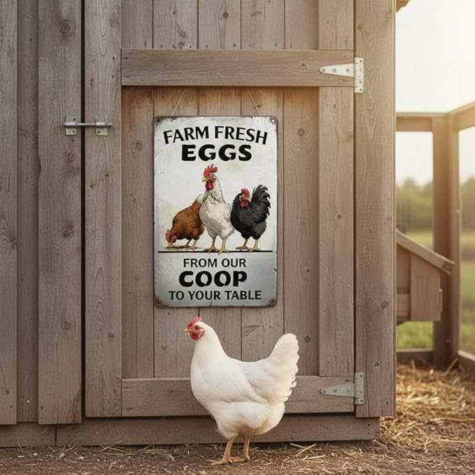 Farm Fresh Eggs Vintage Metal Sign 8x12 Inches - From Our Coop To Your Table, Rustic Chicken Coop Decor, Retro Farmhouse Kitchen Wall Art, Funny Chicken Lover Gift for Home, Bar, Cafe, Garage
