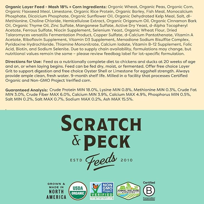 Scratch and Peck Feeds Whole Grain Layer Mash + Corn Chicken and Duck Feed - 40 lbs Bag - Soy-Free - 18% Protein, Certified Organic and Non-GMO Project Verified Chicken Food