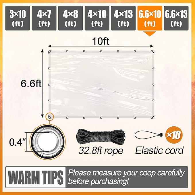 6.6x10ft Chicken Coop Covers Accessories for Winter - Easy to Install Waterproof Chicken Run Tarp with Elastic Cords & Rope
