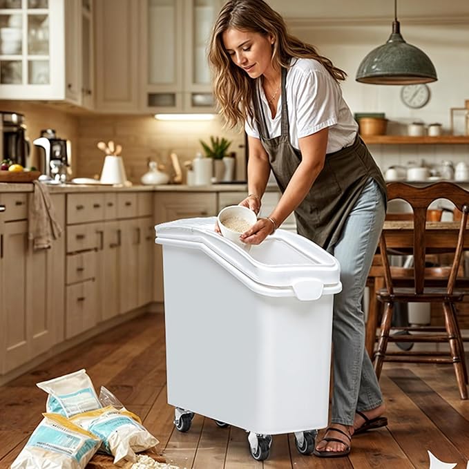 DWVO 27 Gal Large Ingredient Storage Bin, Flour Rice Food Storage Containers Bin with 500 Cups, Commercial Bins with 360° Wheels, Scoop and Lid for Kitchen, White