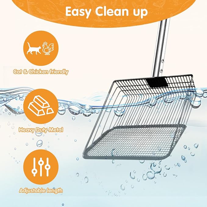 Chicken Coop Scoop, Chicken Poop Scooper for Sand, 10" Wide Heavy-Duty Metal Head, Stainless Steel Handle (36"-68") Ergonomic Chicken Sand, Poop Cleaning Tool, Chicken Coop Essentials