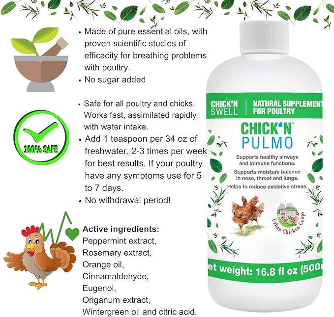 Poultry Respiratory Care Solution for Respiratory Health Maintenance. Chick'n Pulmo from Chick'n Swell for All Poultry of All Ages. 16.8 fl.oz.
