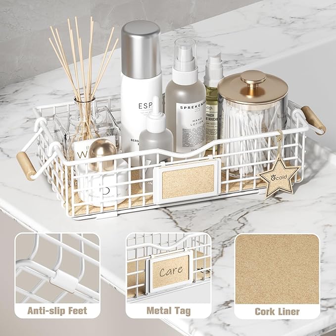 Bathroom Organizers and Storage, 3 Pack Storage Baskets for Shelves, Multipurpose Bins Organizer with Wooden Handles, Decorative Organizer Baskets Set for Bathroom, Laundry, Living Room - White