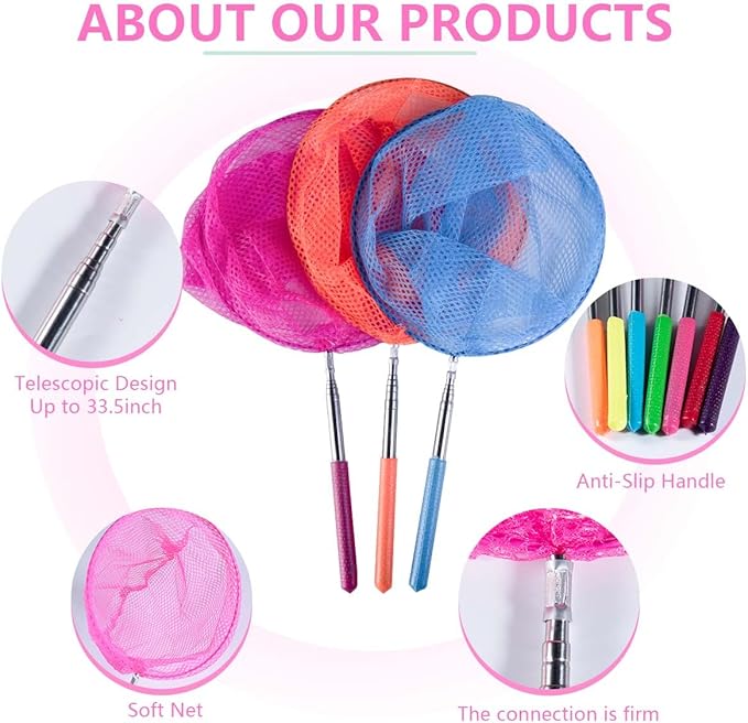 7-Piece Colorful Telescopic Kids Fishing Net Butterfly Net Catching Insects Bugs Beach Toys for Kids Outdoor Playing