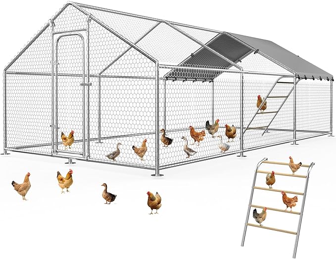 Metal Chicken Coop with Waterproof and UV-Resistant Cover,Large Chicken Run Outdoor Walk-in Cage Rabbit Duck Hen House for Yard Farm Use Spire Roof(177.95×119.29×77.95 in)
