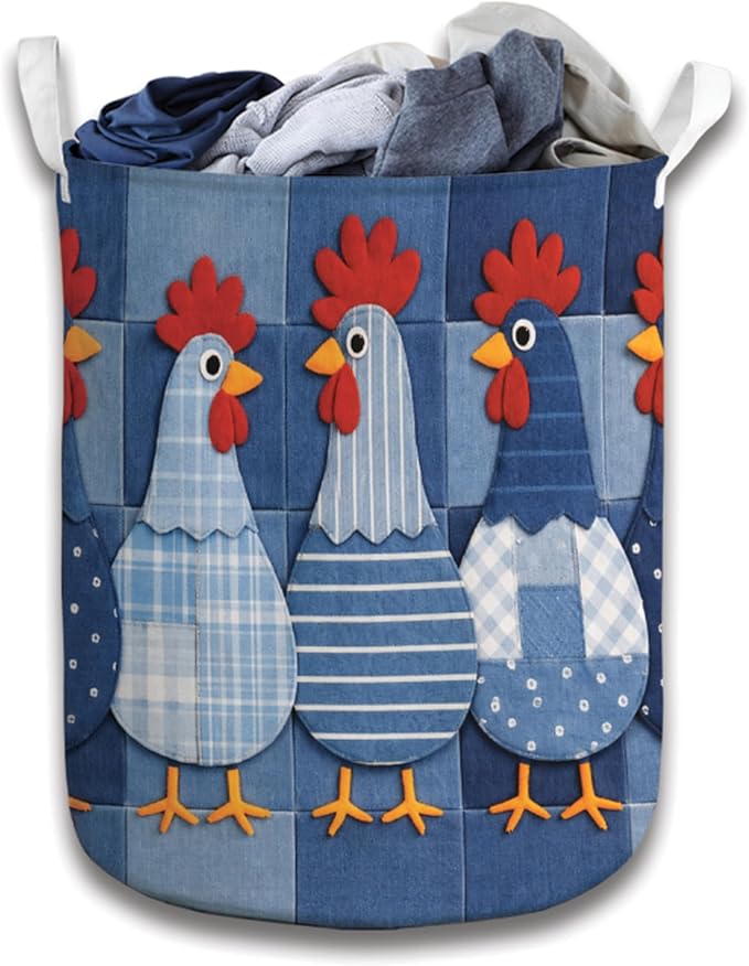 Denim Patchwork Chicken Laundry Basket, Farm Chicken Quilt Landscape Laundry Hamper, Country Farm Fabric Clothes Storage Bin, Rustic Farmhouse Room Organizer, Vintage Farm Animal Home Decor