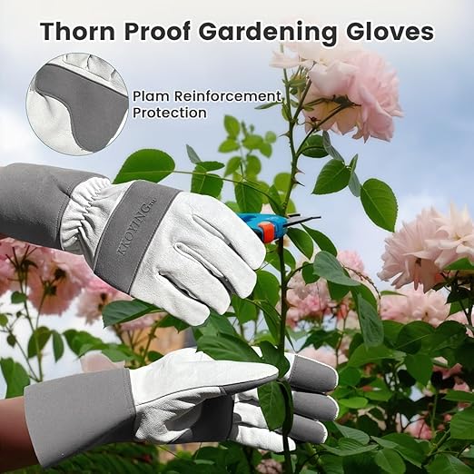 Gardening Gloves, Long Thorn Proof Garden Gloves for Women and Men, Goatskin Breathable Leather Work Gloves for Gardening, Pruning, Yard Work, Grey, L